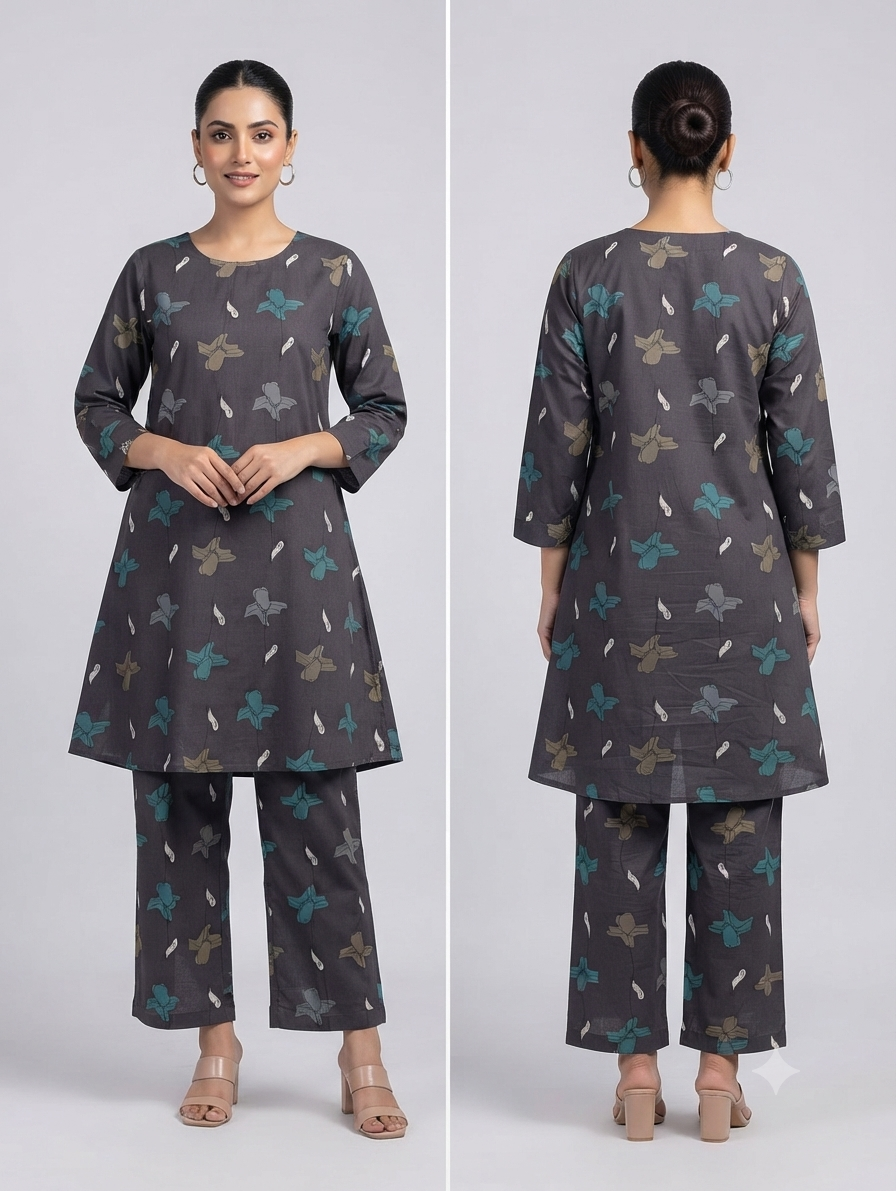 Charcoal Grey Floral Printed Cotton Tunic & Pant Set