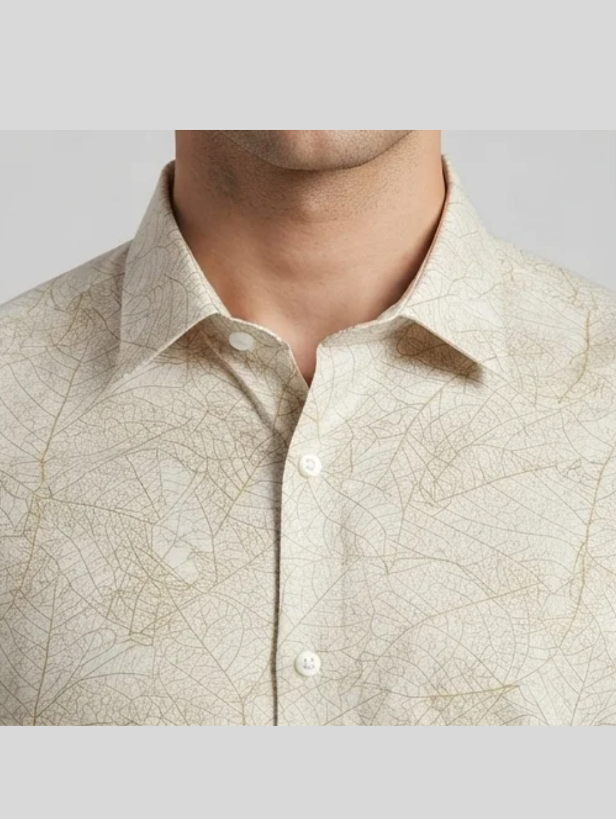 Premium Cream and Gold Abstract-Print Slim-Fit Shirt