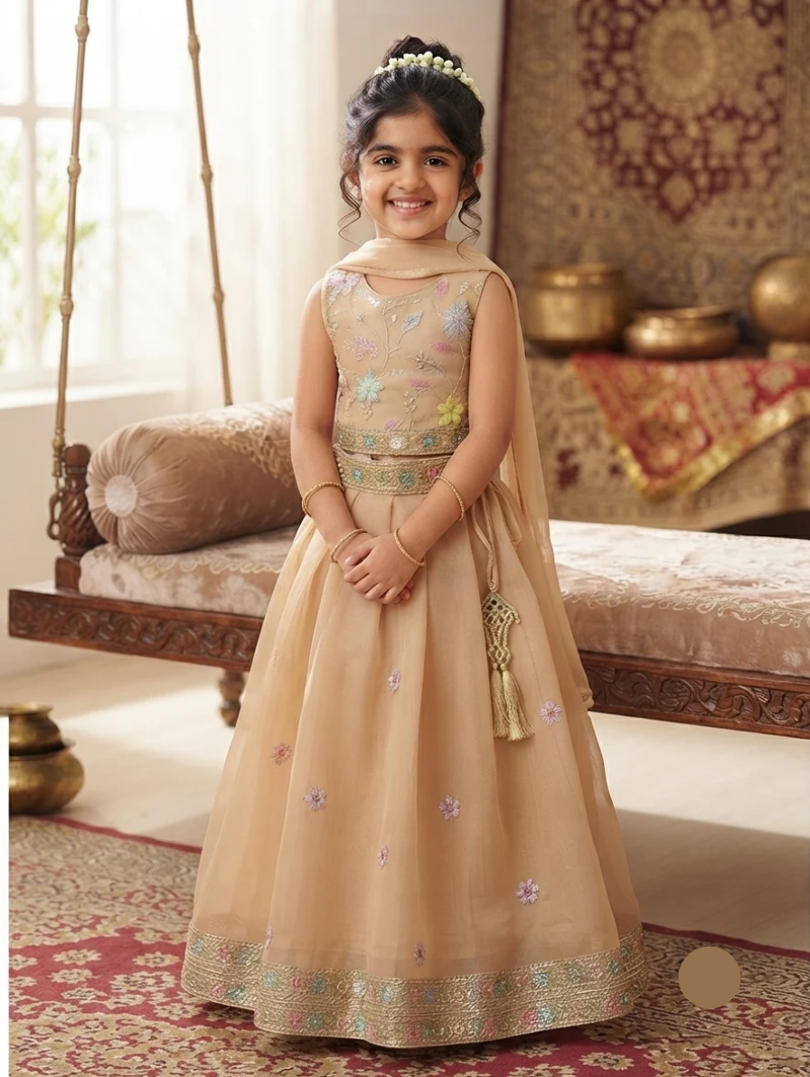 Elegant Beige Sleeveless Lehenga Choli Set with Multicolored Floral Embroidery and Dupatta