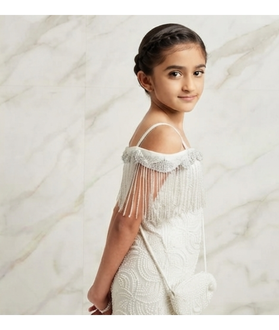 Gazab Clothing Elegant Off-Shoulder Beaded Fringe Long Dress with Shoulder Straps & Matching Bag