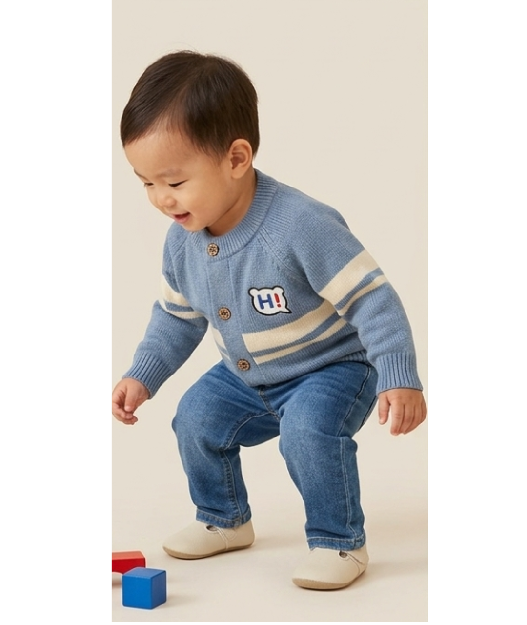 Toddler Boys Striped Knit Cardigan Sweater – Powder Blue with "HI!" Patch