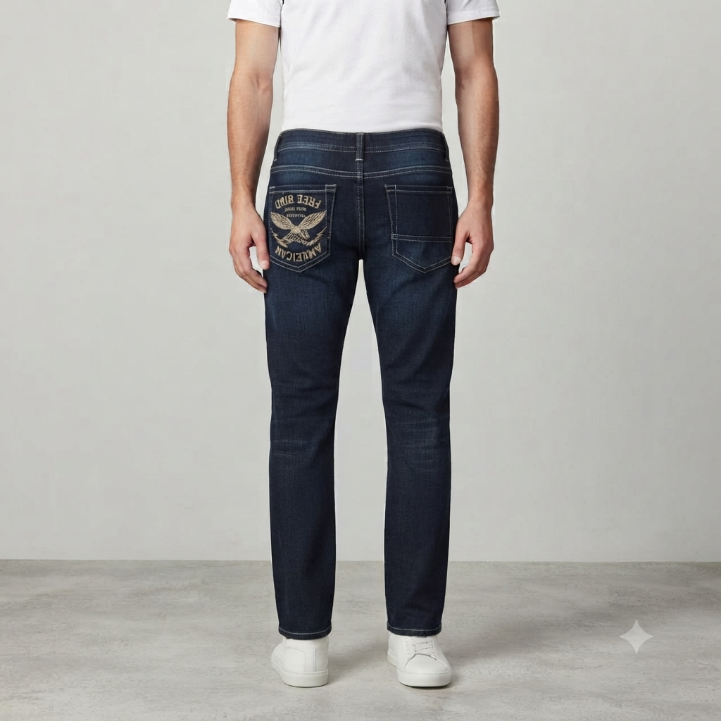 Men's Dark Indigo Stretch Denim Jeans with Eagle Graphic Pocket