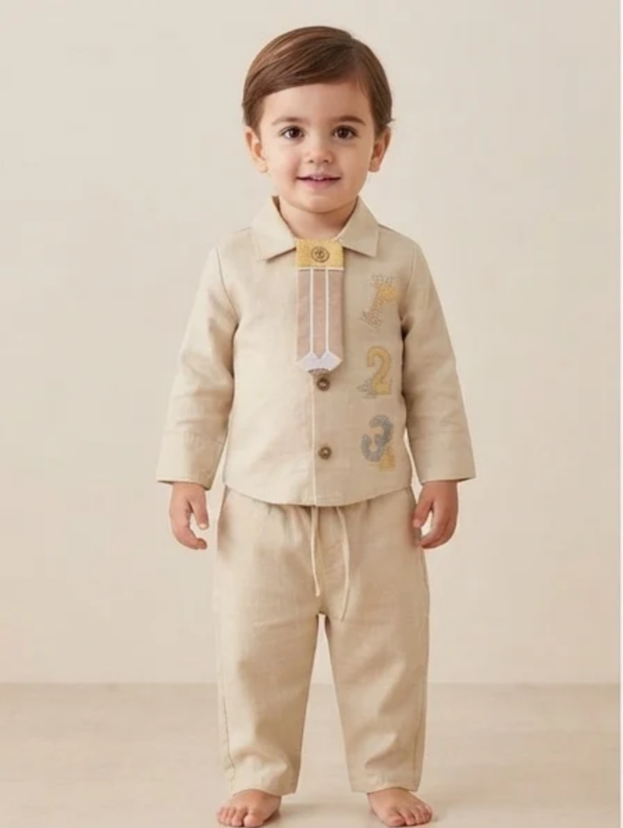 Beige Linen-Blend Long-Sleeve Set with Attached Necktie and Number Embroidery
