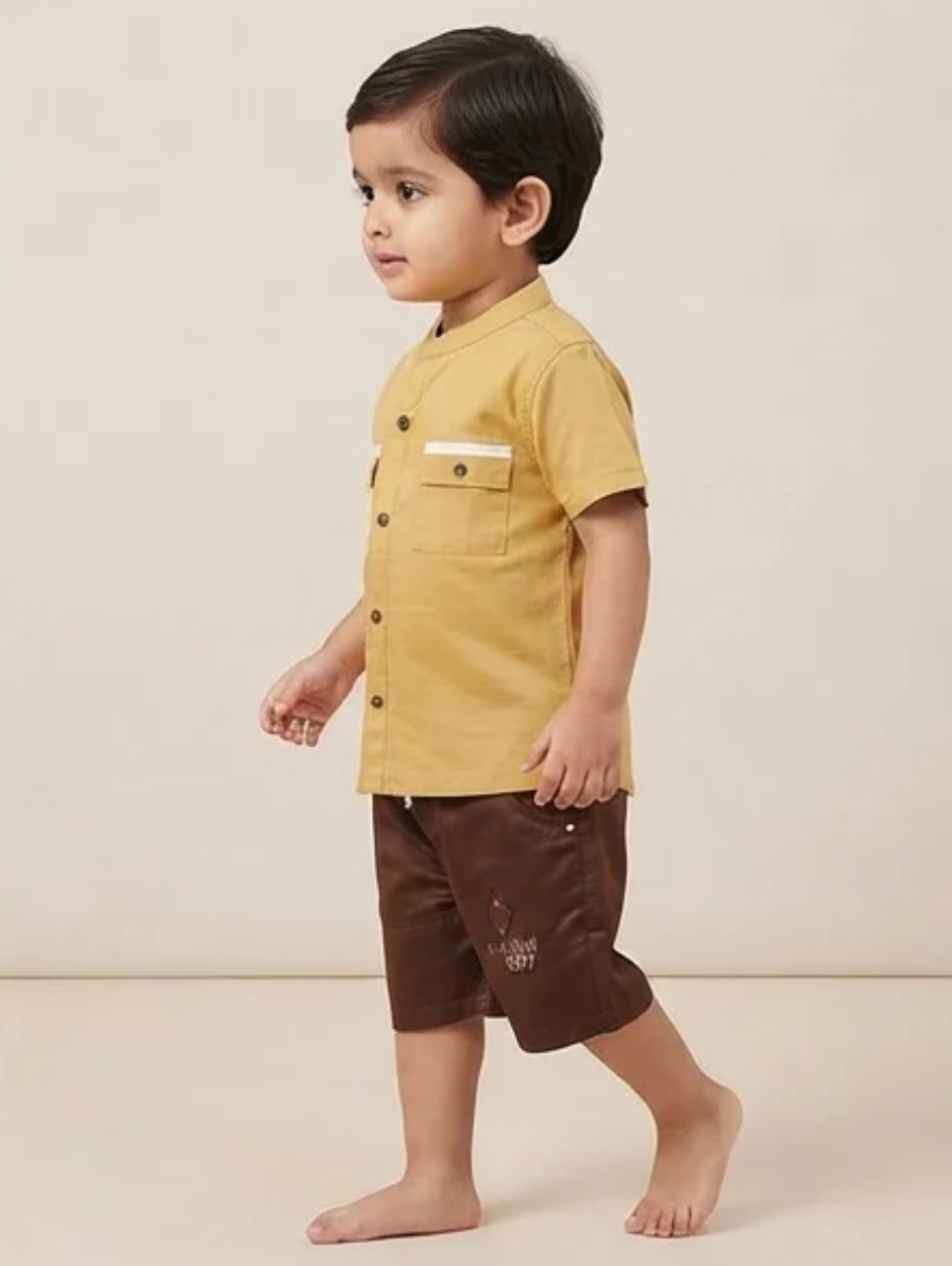 Mustard Yellow Short-Sleeve Utility Shirt & Brown Shorts Set