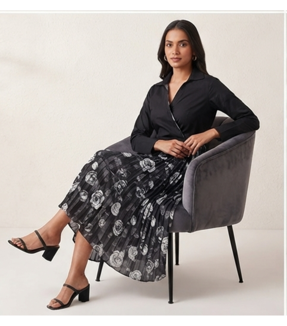 Asymmetric Black Shirt Dress with Floral Pleated Panel