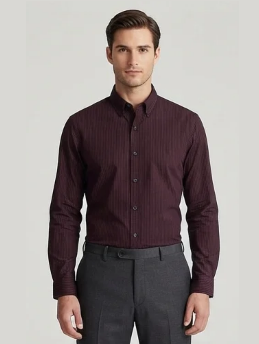 Premium Deep Maroon Pinstripe Slim-Fit Formal Shirt