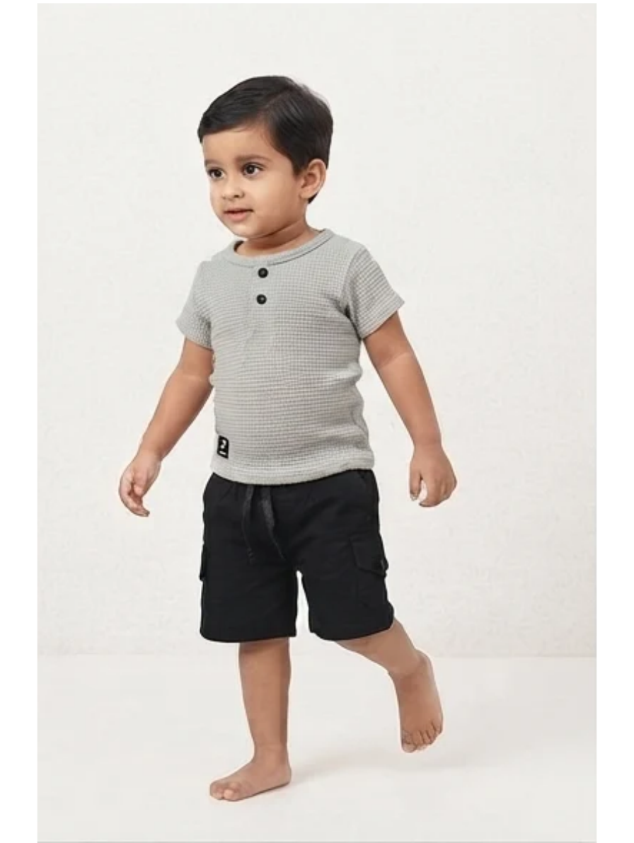 Boys Textured Grey Tee & Black Cargo Shorts Set