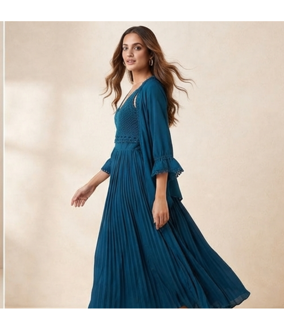 Deep Teal Pleated Maxi Dress with Matching Cape Set