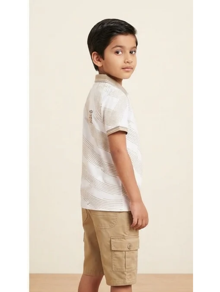 Diagonal Striped Polo & Khaki Cargo Shorts Set