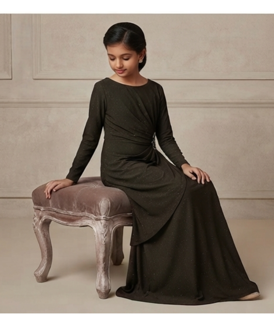 Gazab Clothing Elegant Long Sleeve Chutney Green Shimmer Maxi Dress with Hip Embellishment