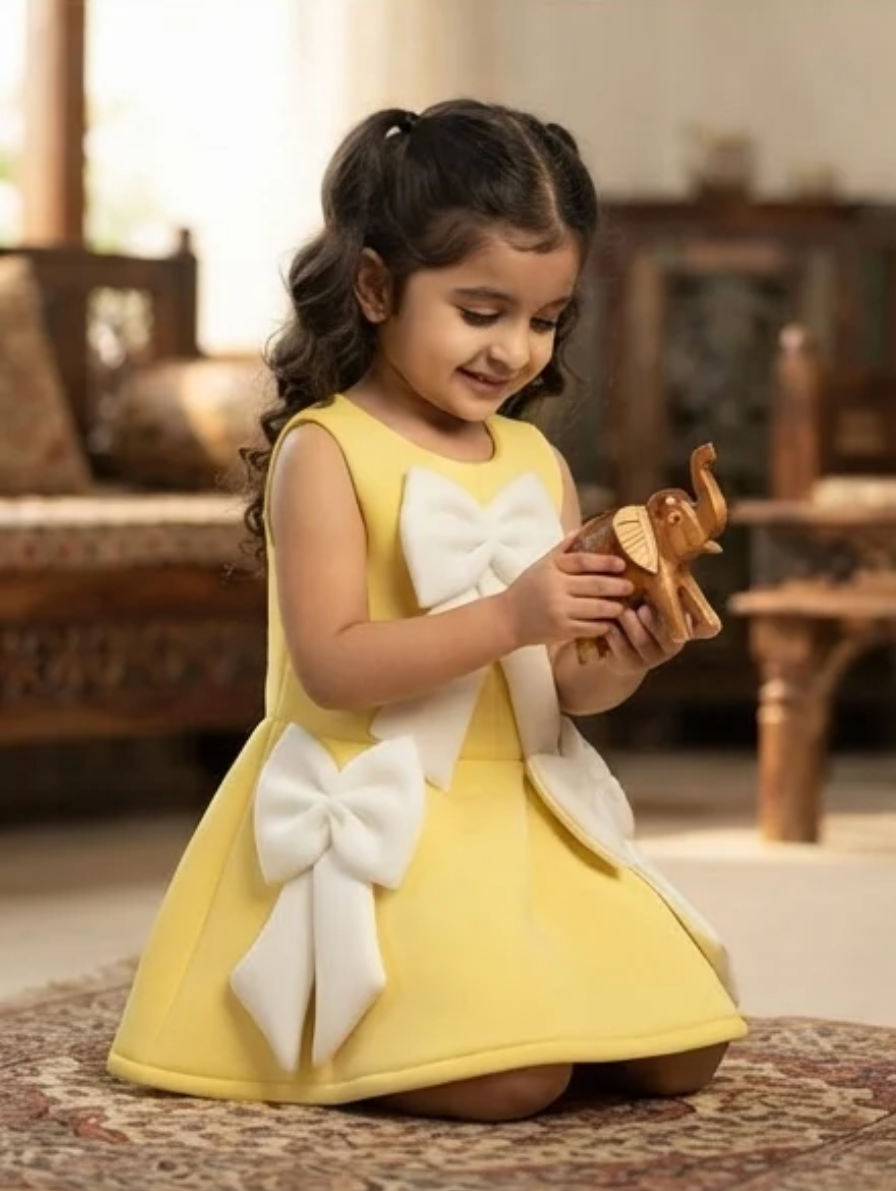 Sunny Yellow Sleeveless A-Line Dress with Oversized White Bow Details