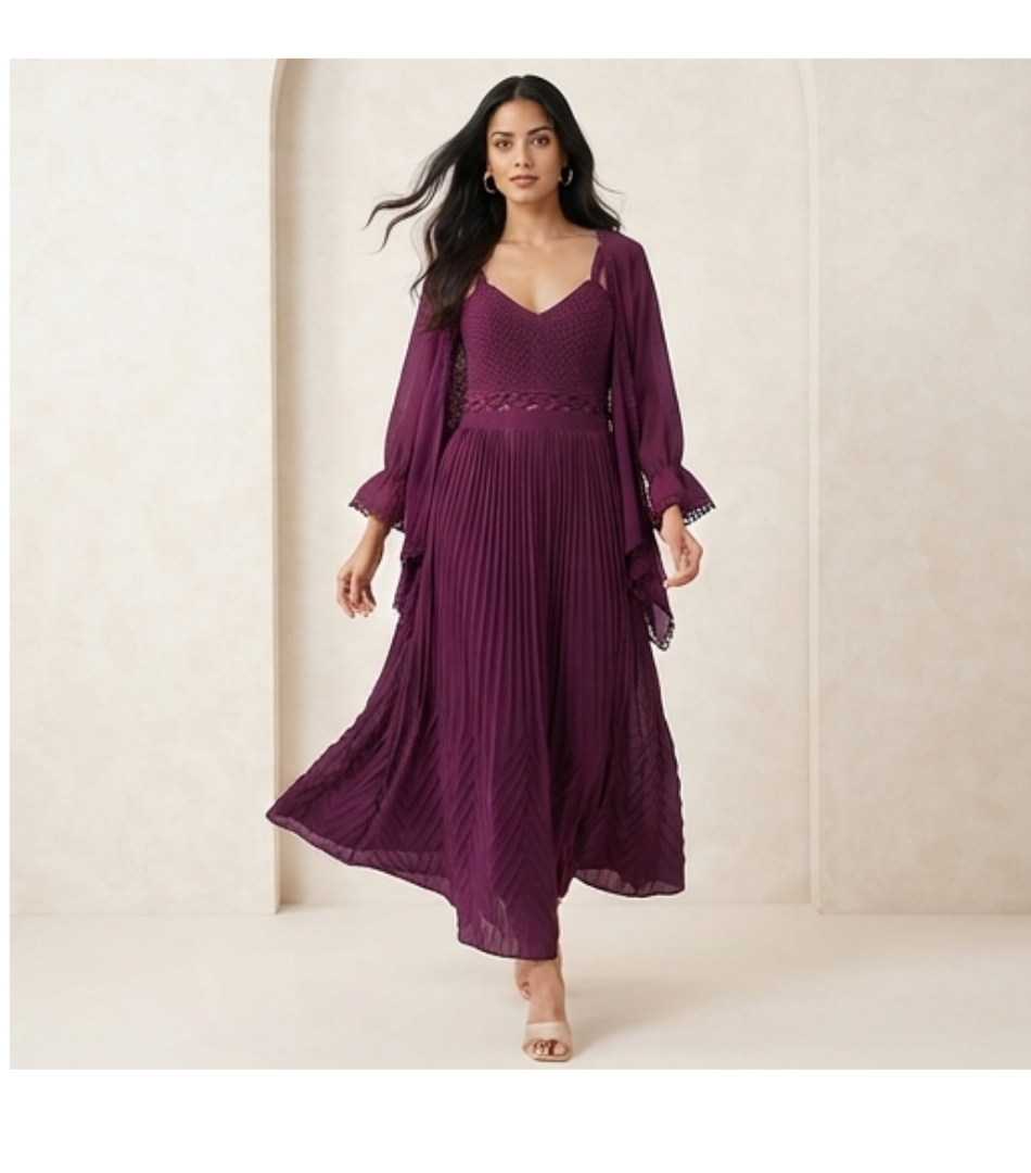 Deep Purple Pleated Maxi Dress with Matching Shrug Set