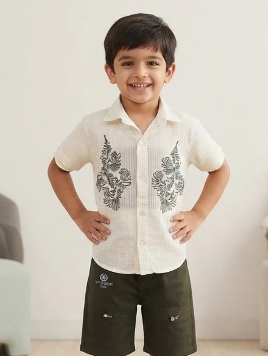 Little Explorer Kids Wear | Boys' Botanical Print Shirt & Cargo Shorts Set