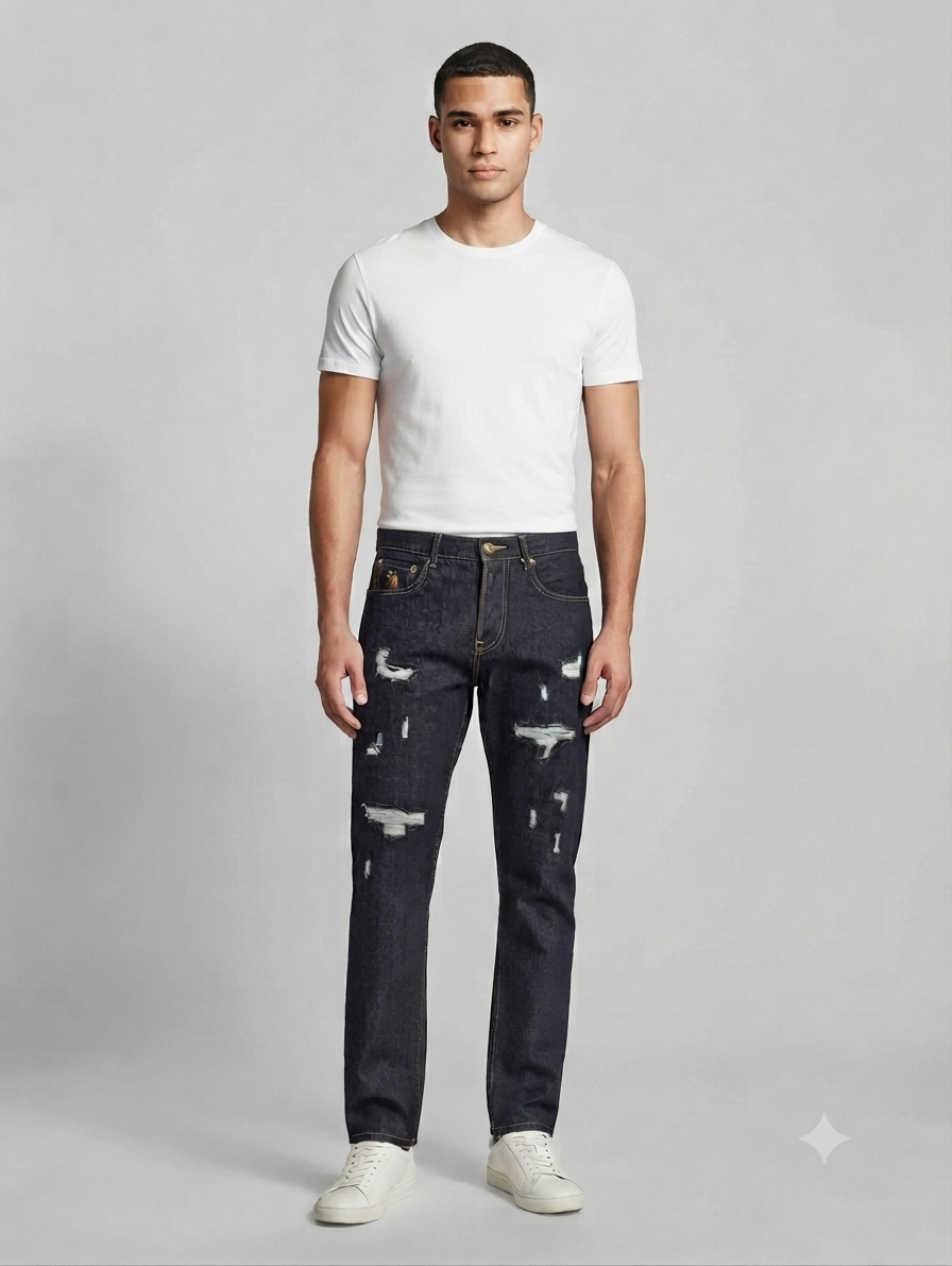 Men's Dark Indigo Distressed Slim-Fit Jeans
