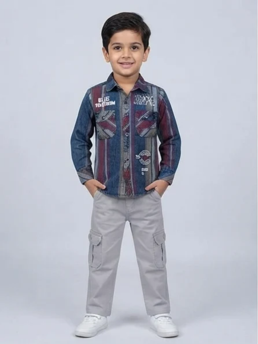 Striped Denim Shirt & Cargo Pants Set