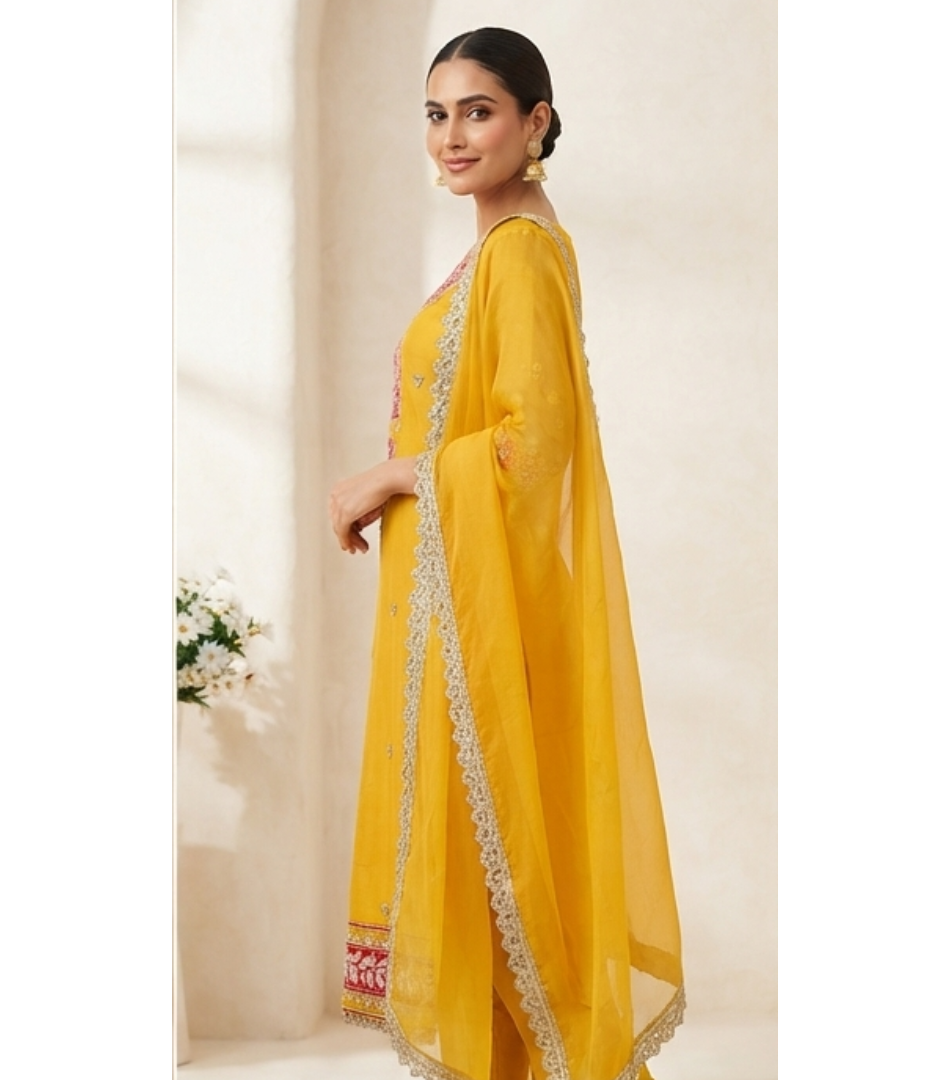 Mustard Yellow Contrast Red-Accented Zari Embroidered Straight Kurta Set