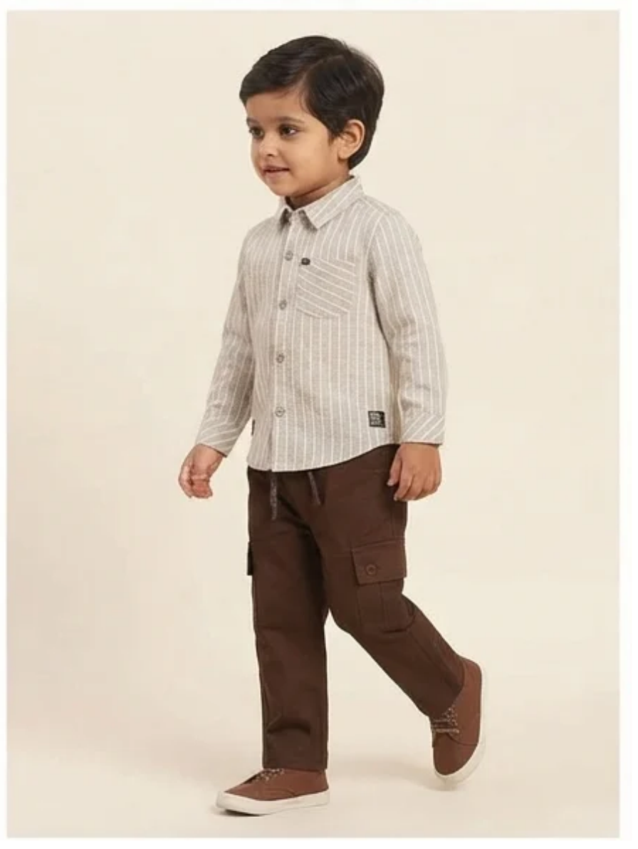 Boys Striped Collared Shirt & Brown Cargo Pants Set