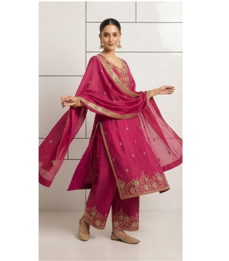 Magenta Gold-Embroidered Kurta, Palazzo, and Dupatta Set