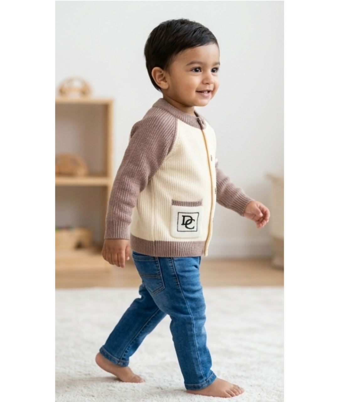 Toddler Boys Monogram Pocket Colorblock Knit Cardigan – Mocha Taupe & Cream