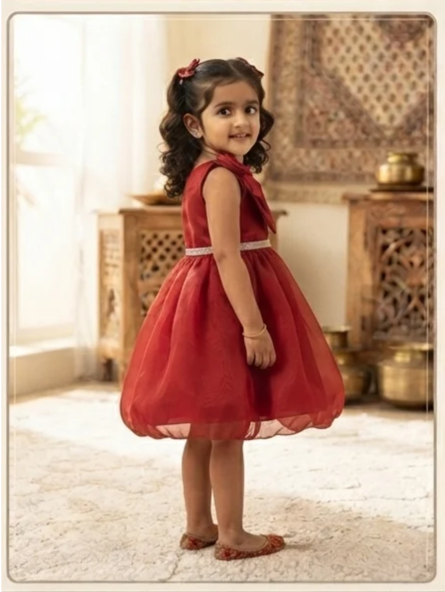 Ruby Crimson Bubble-Hem Party Dress with Floral Shoulder Accent