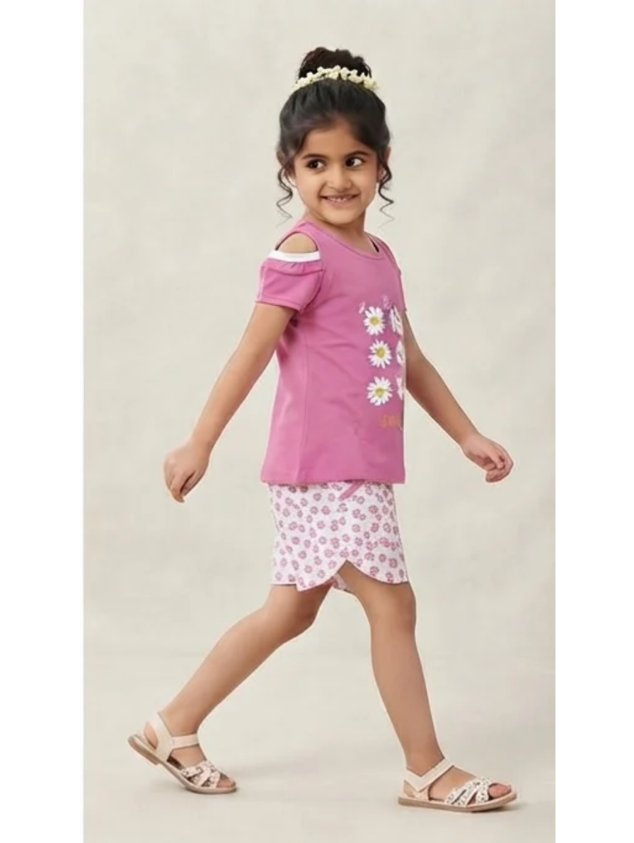 Girls Pink Daisy Print T-Shirt & Shorts Set