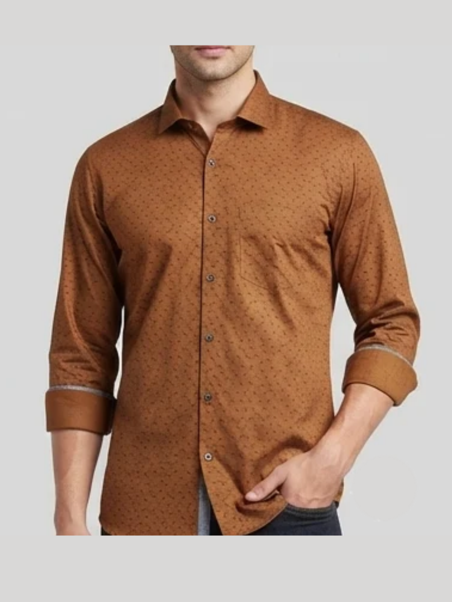 Premium Brown Geometric-Print Slim-Fit Formal Shirt