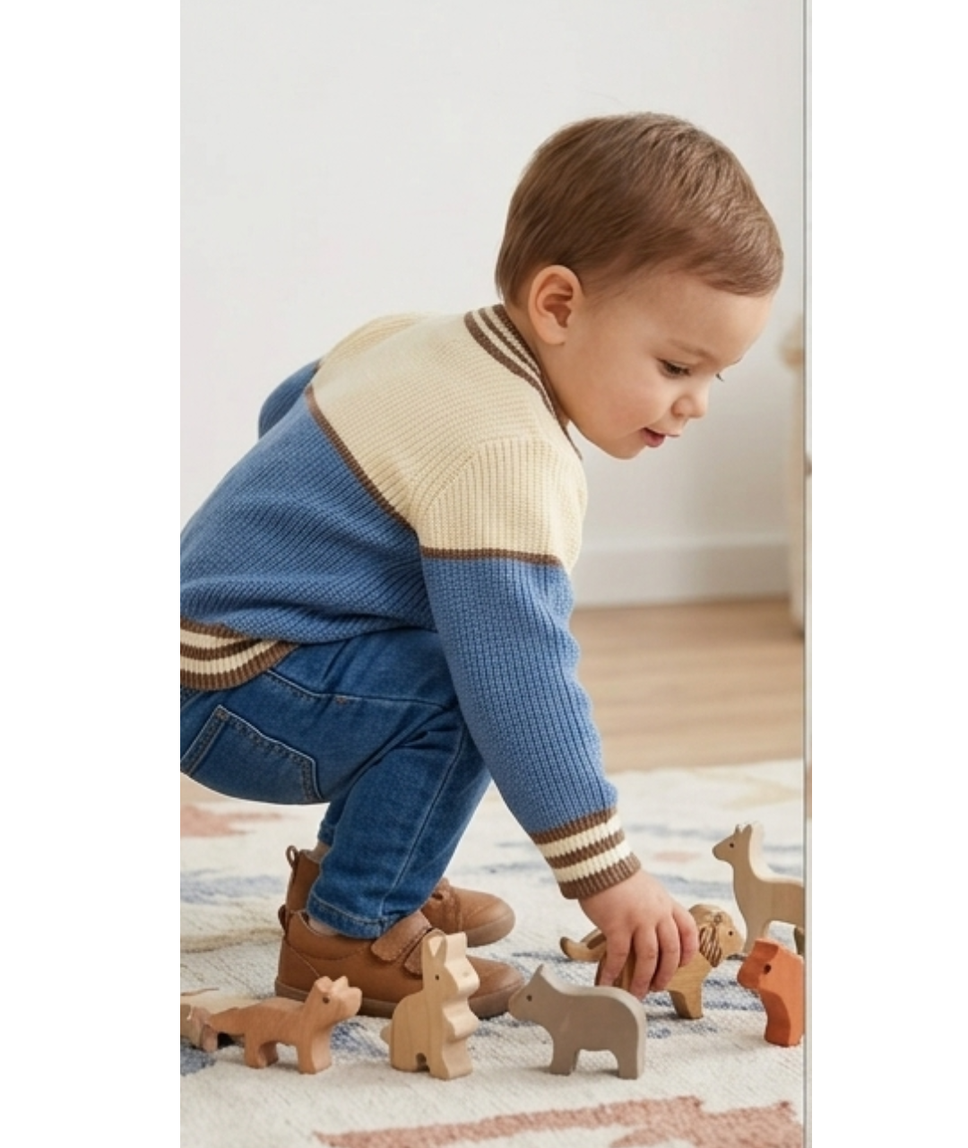 Toddler Boys Colorblock Knit Cardigan Sweater – Denim Blue & Cream with Bear Motif