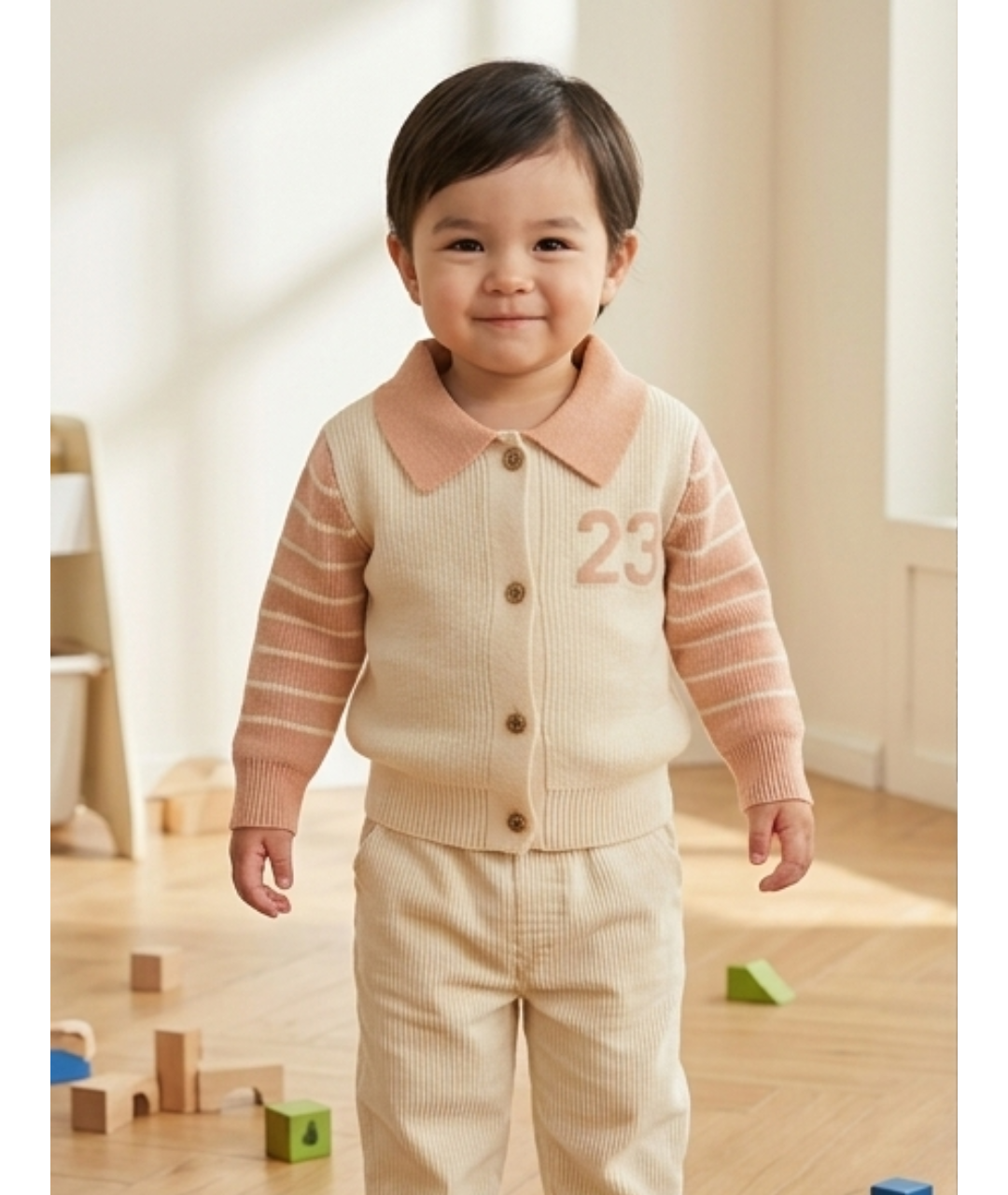 Classic Knit Collared Toddler Cardigan – Cream & Warm Tan