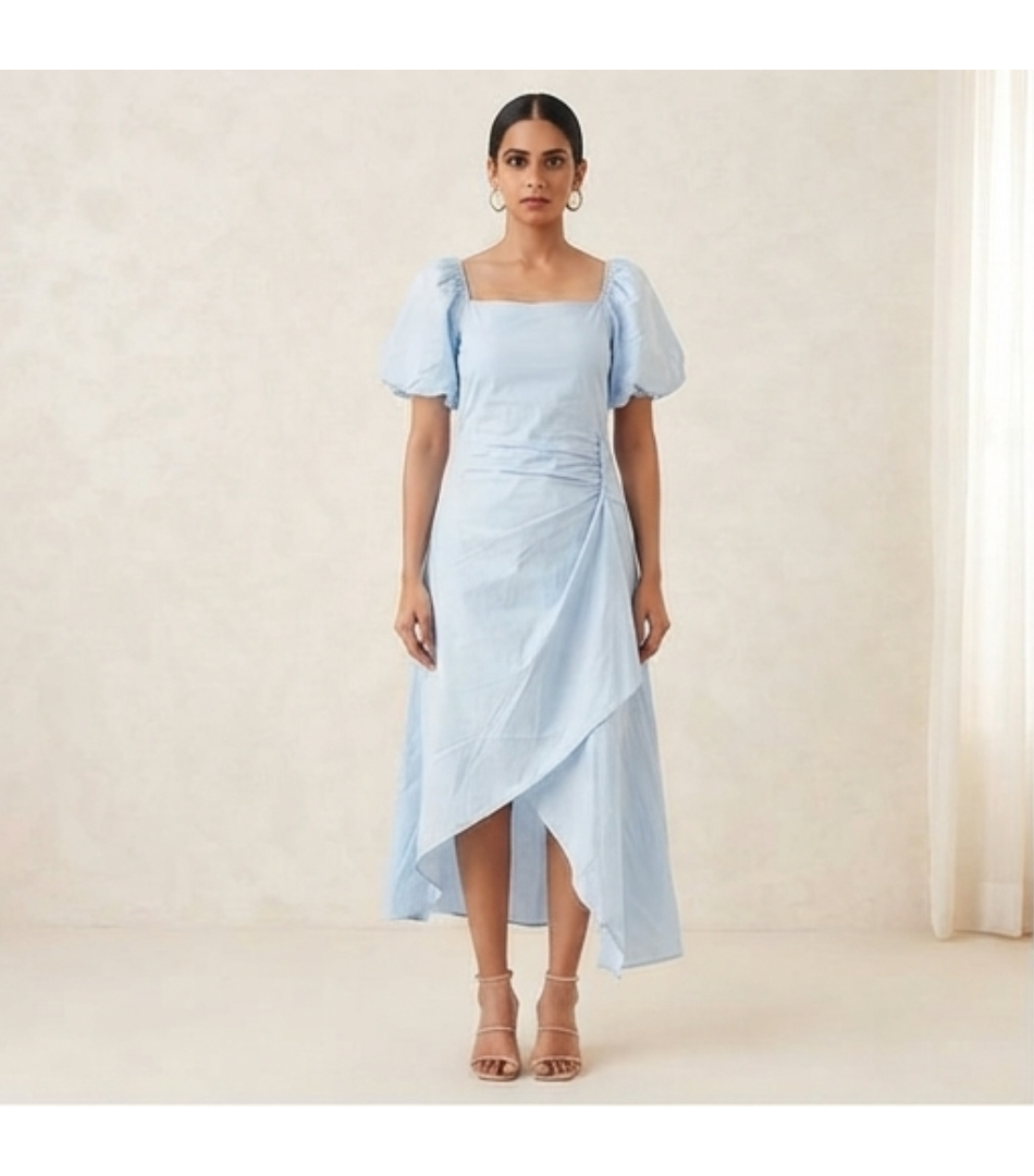 Powder Blue Puff-Sleeve Ruched Asymmetric Midi Dress