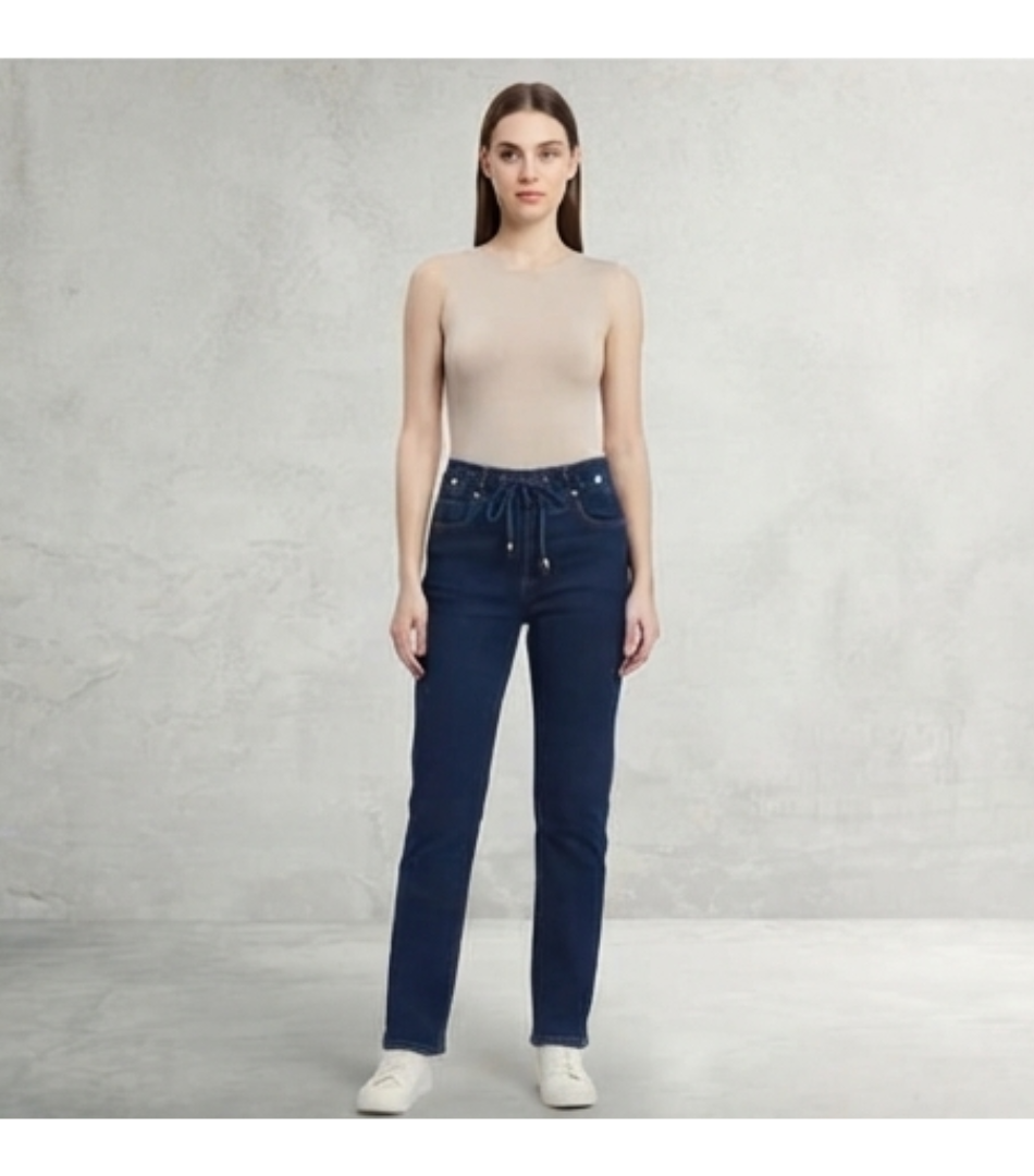 Women's High-Waisted Straight-Leg Drawstring Jeans