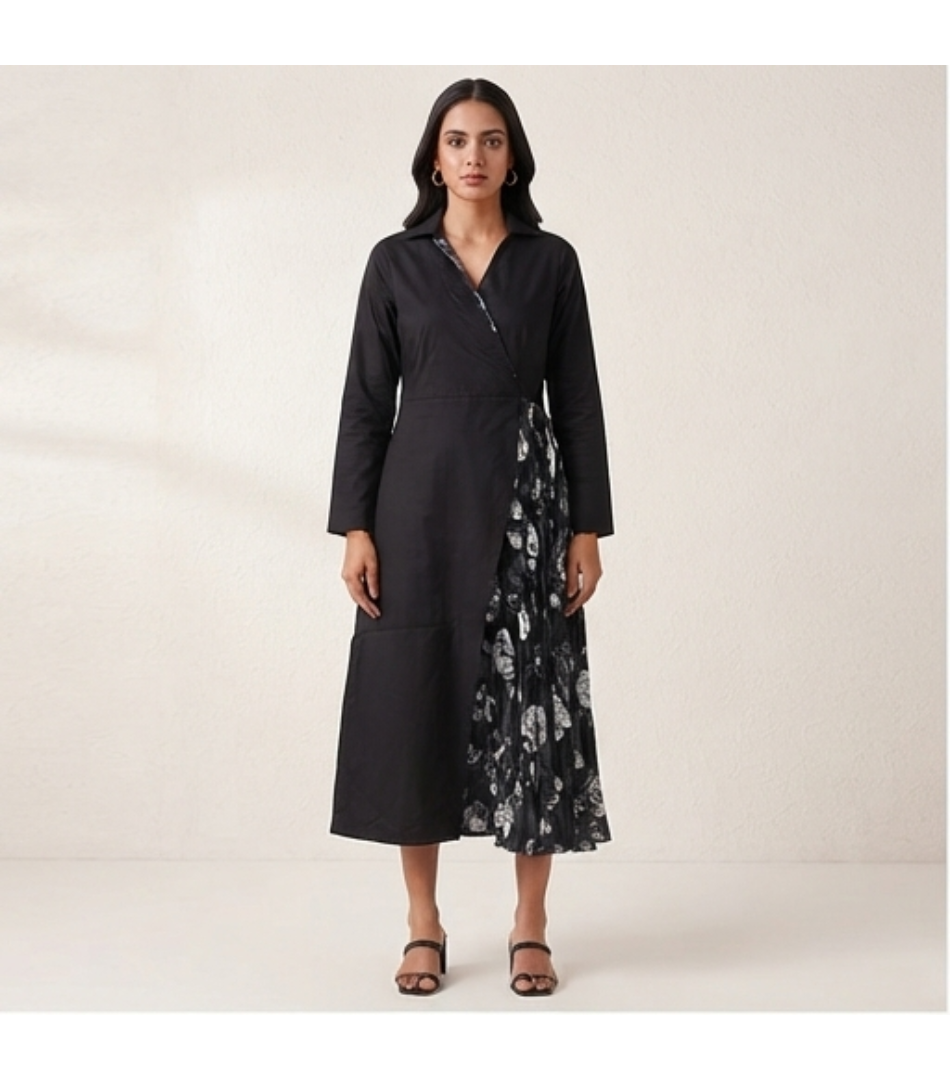 Asymmetric Black Shirt Dress with Floral Pleated Panel