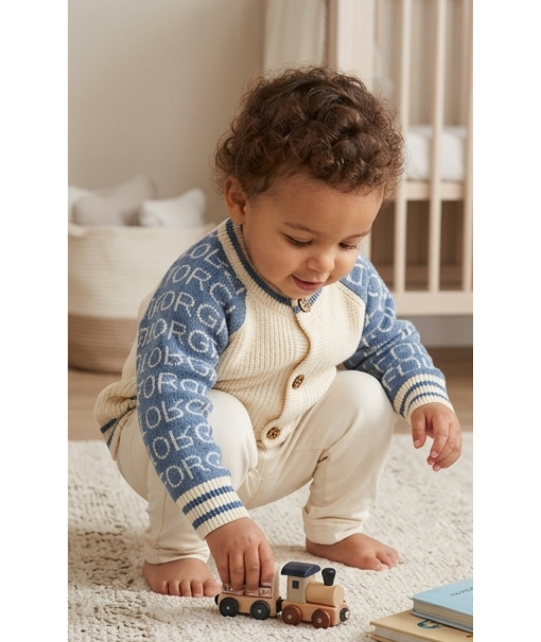 Classic Lettered Knit Toddler Cardigan – Cream & Denim Blue