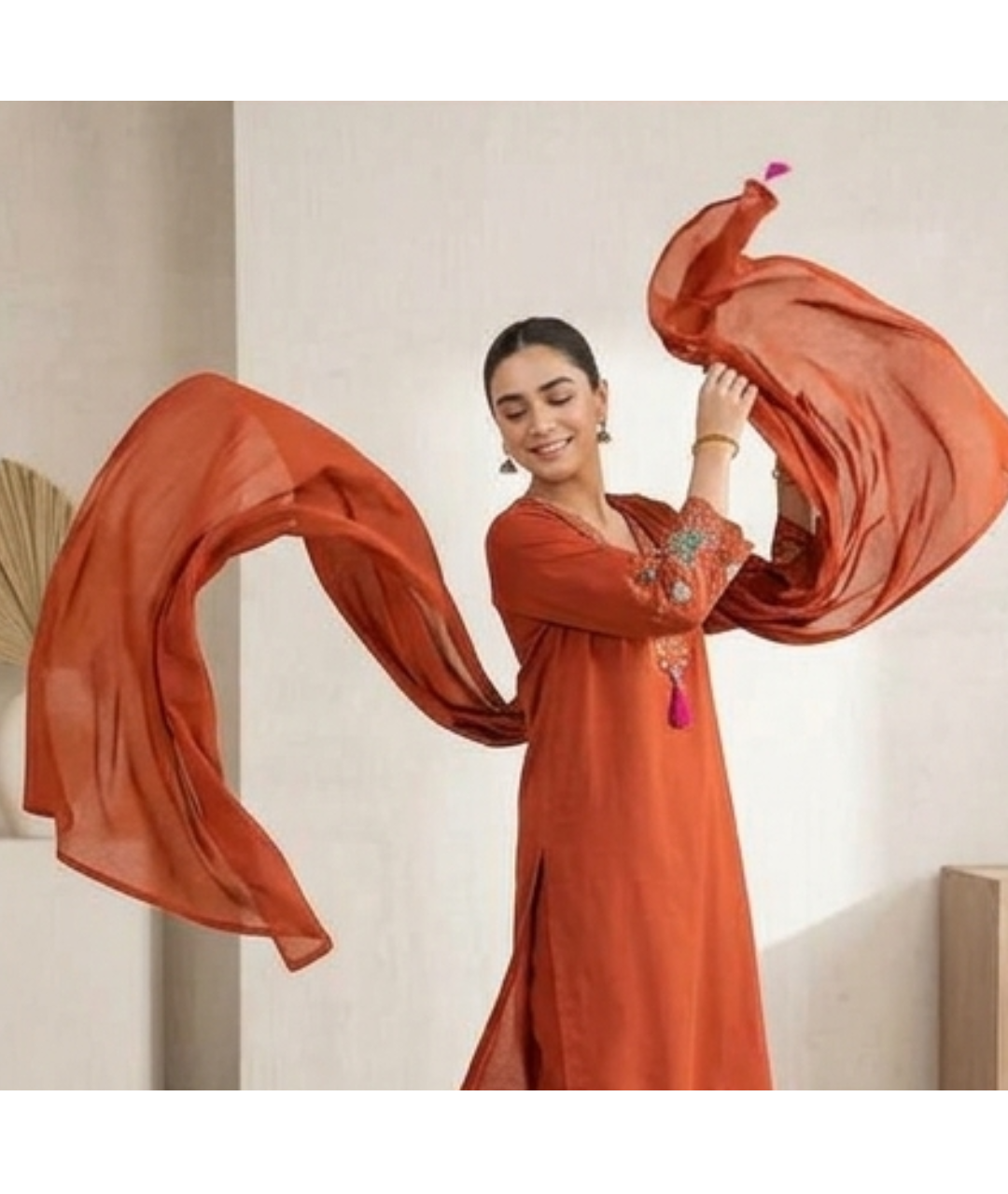 Rust Orange Embroidered V-Neck Kurta Set with Dupatta