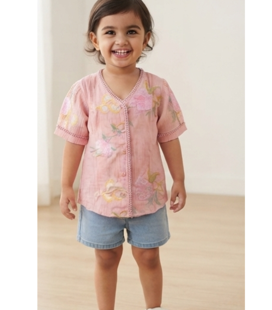 Blossom Embroidered Pink Top & Denim Shorts Set