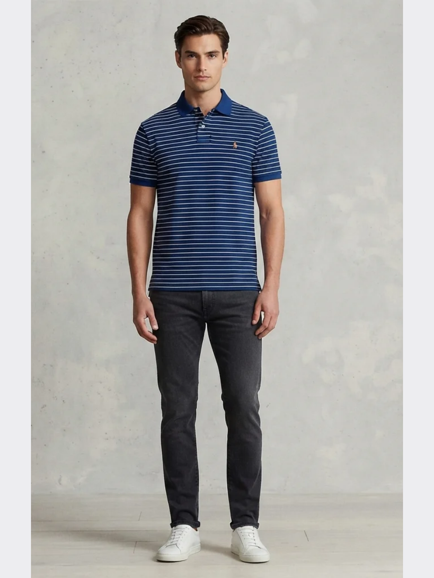 Navy Blue and White Micro-Striped Polo Shirt