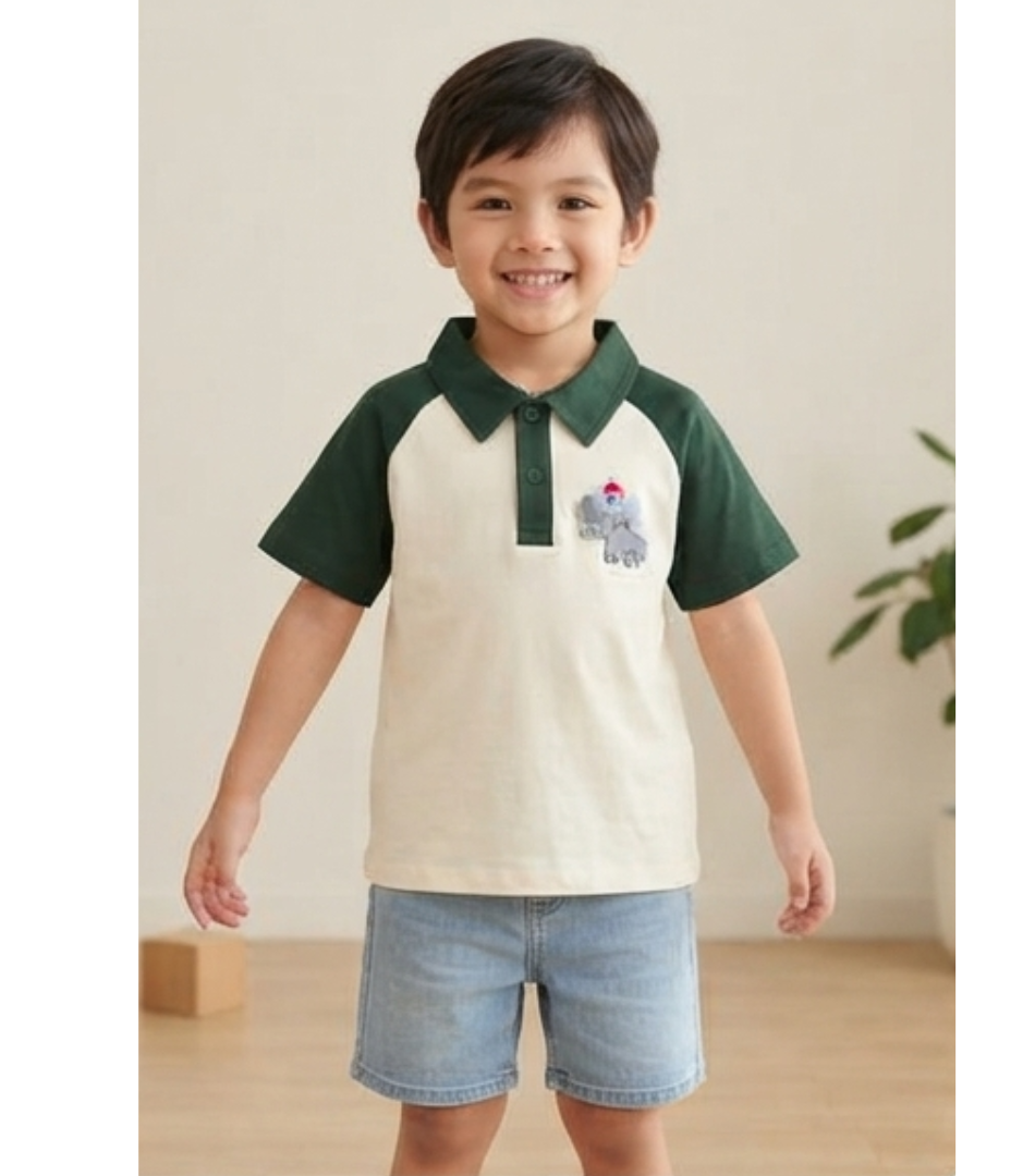 Forest Green & Cream Color block Polo Tee