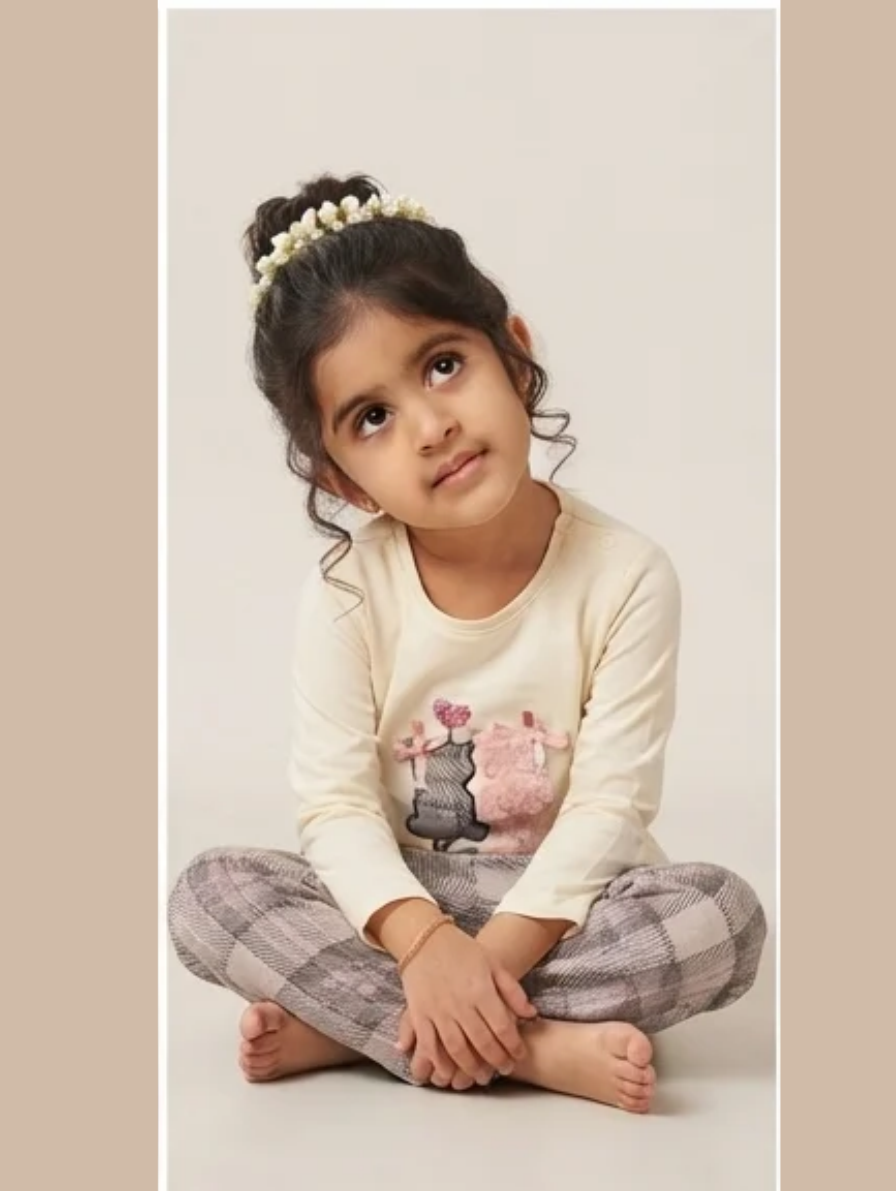 Girls Cream Cat Appliqué Top & Plaid Trousers Set