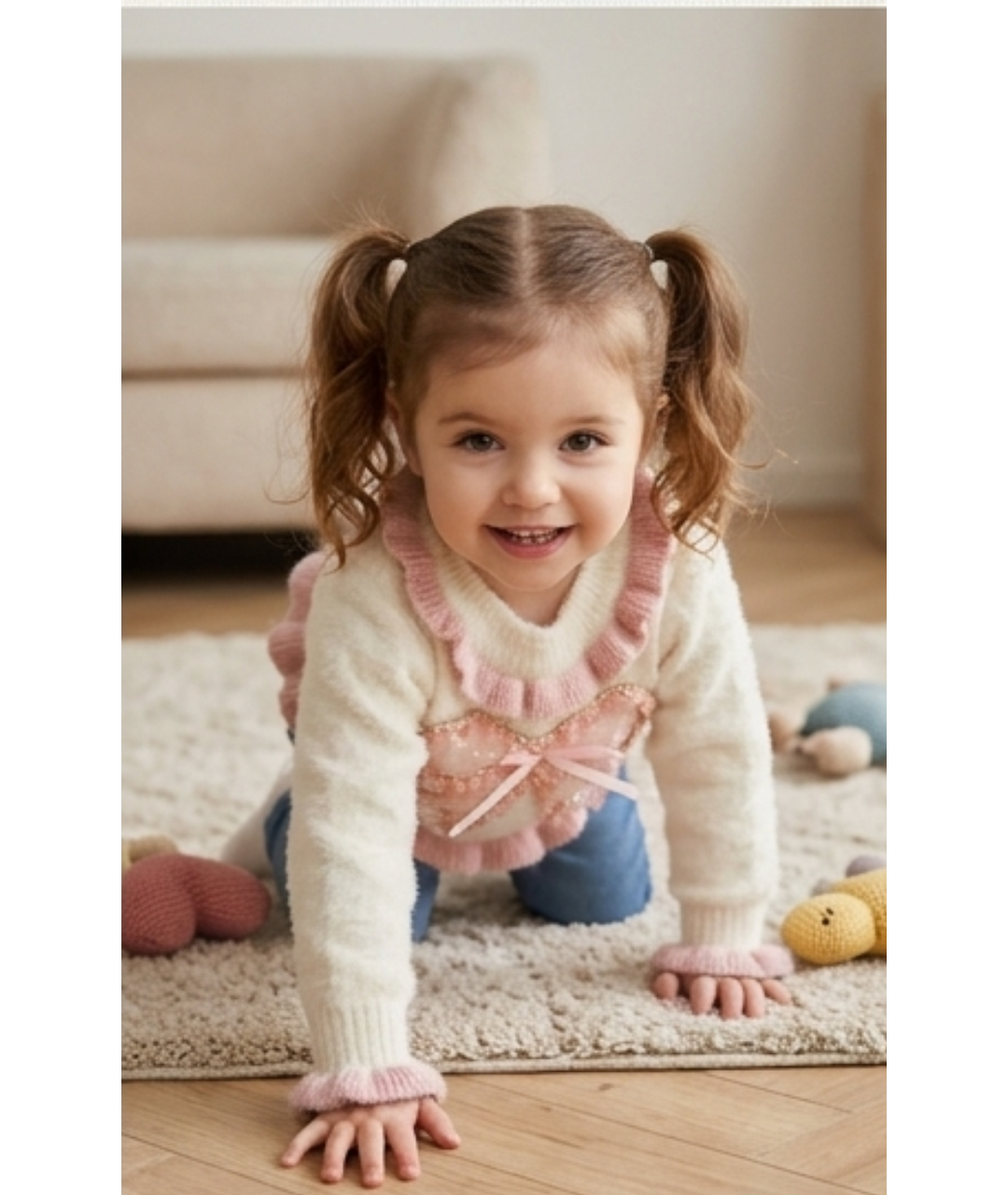 Toddler Girls' Soft Fuzzy Knit Sweater with Pink Ruffle & Ribbon Bow Appliqué