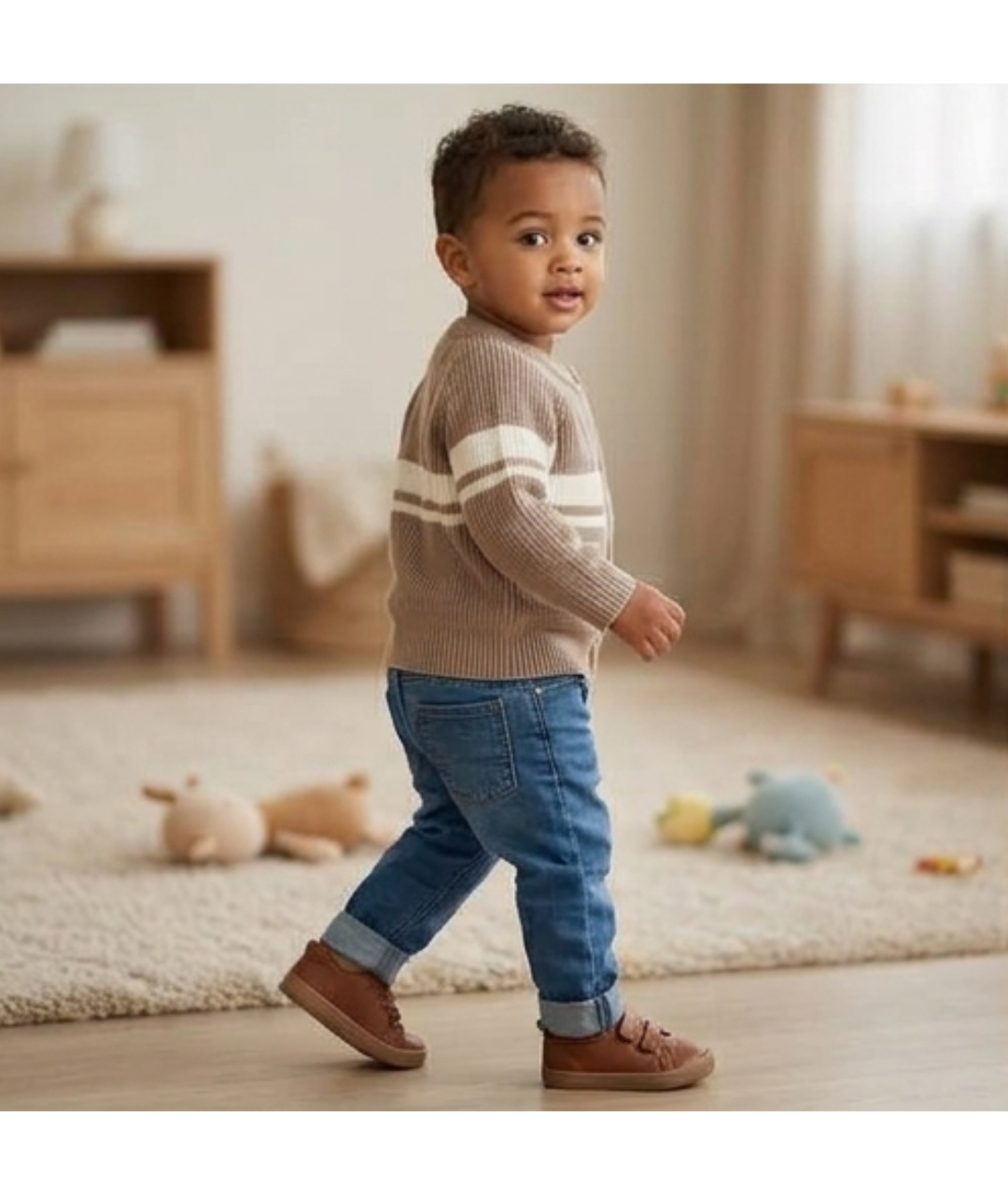 Toddler Knit Cardigan Sweater – Neutral Stripe with "HI!" Patch