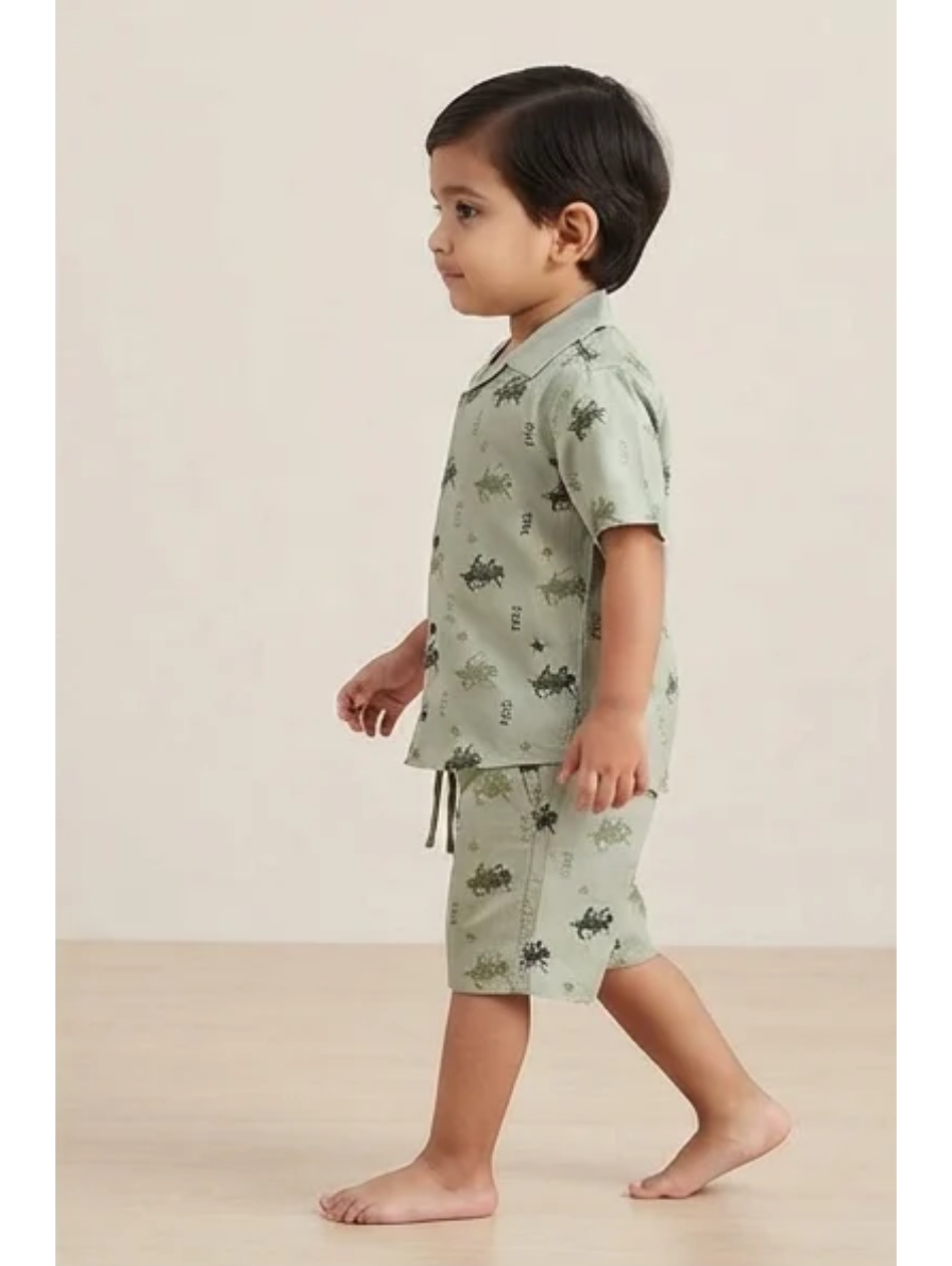 Sage Green Short-Sleeve Cuban Collar Shirt & Shorts Set