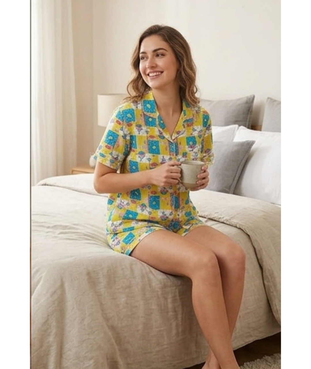 Vibrant Yellow & Blue Checkered Graphic Cotton Night Suit Set