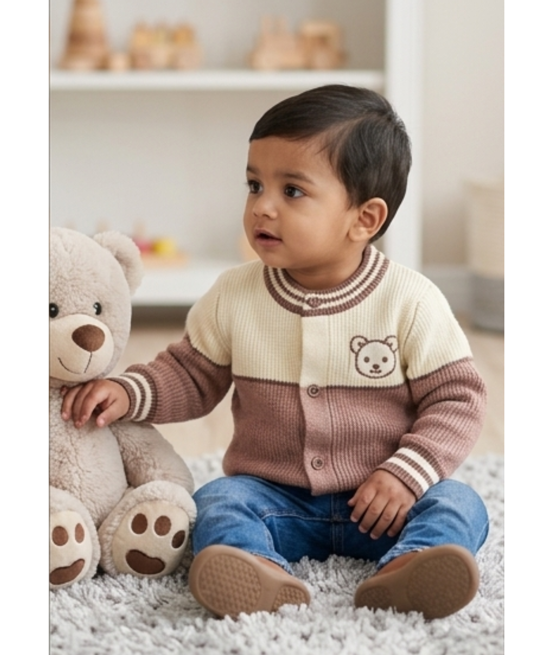 Toddler Boys Colorblock Knit Cardigan Sweater – Dusty Mauve & Cream with Bear Motif