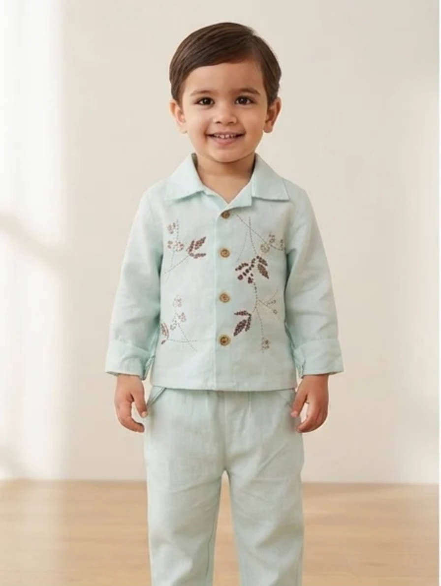 Mint Green Leaf-Embroidered Cotton Two-Piece Long-Sleeve Set