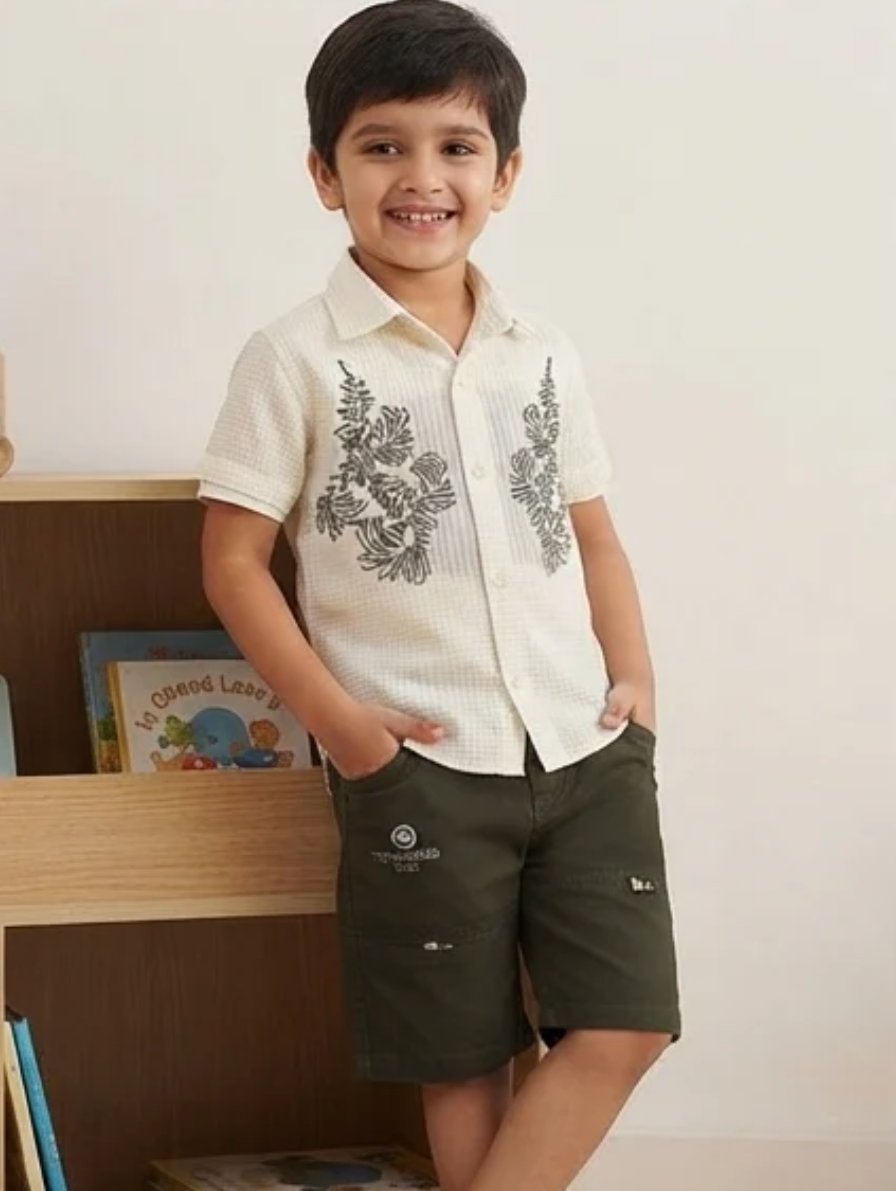 Little Explorer Kids Wear | Boys' Botanical Print Shirt & Cargo Shorts Set