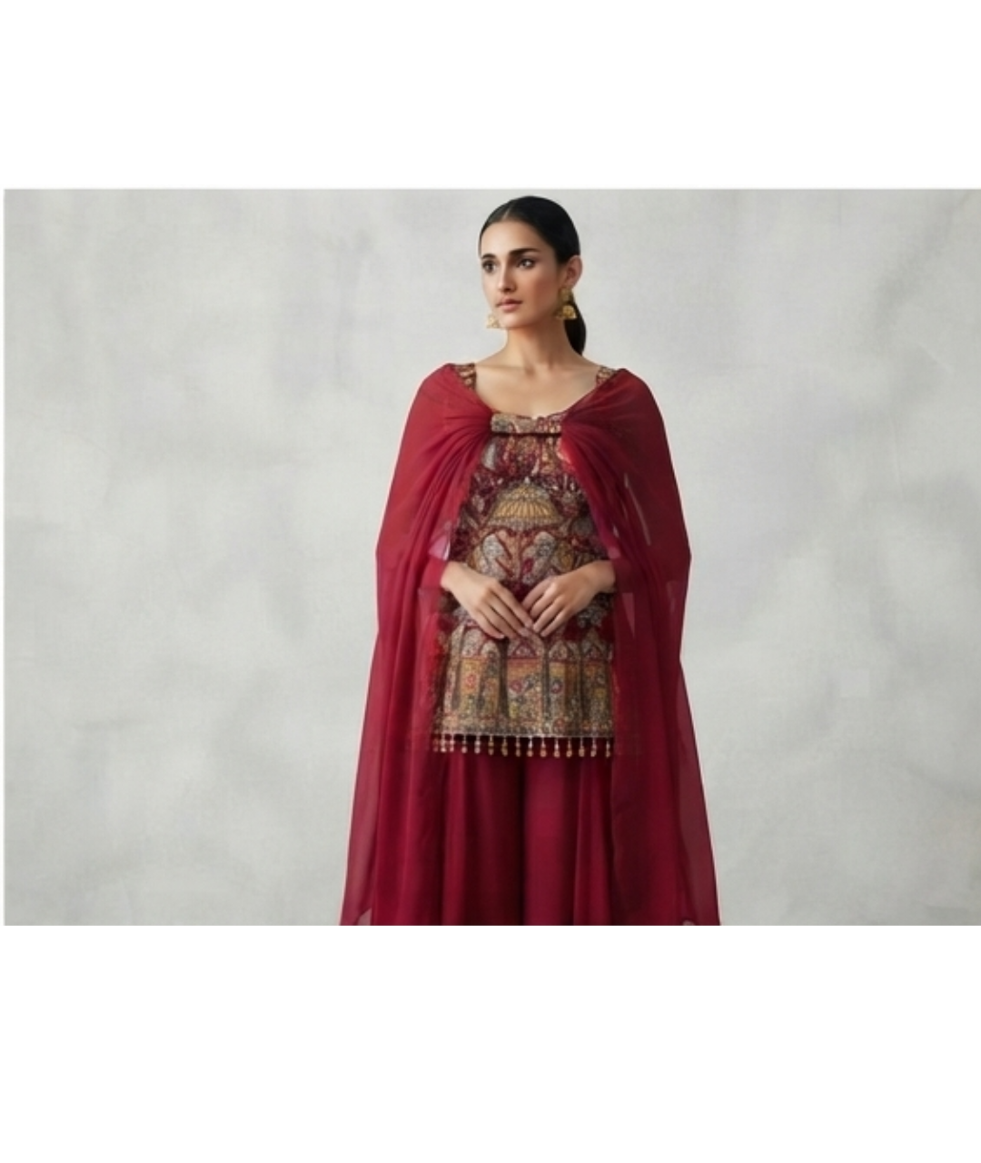 Regal Crimson Embroidered Cut-Sleeve Short Kurti with Palazzo and Draped Dupatta Set