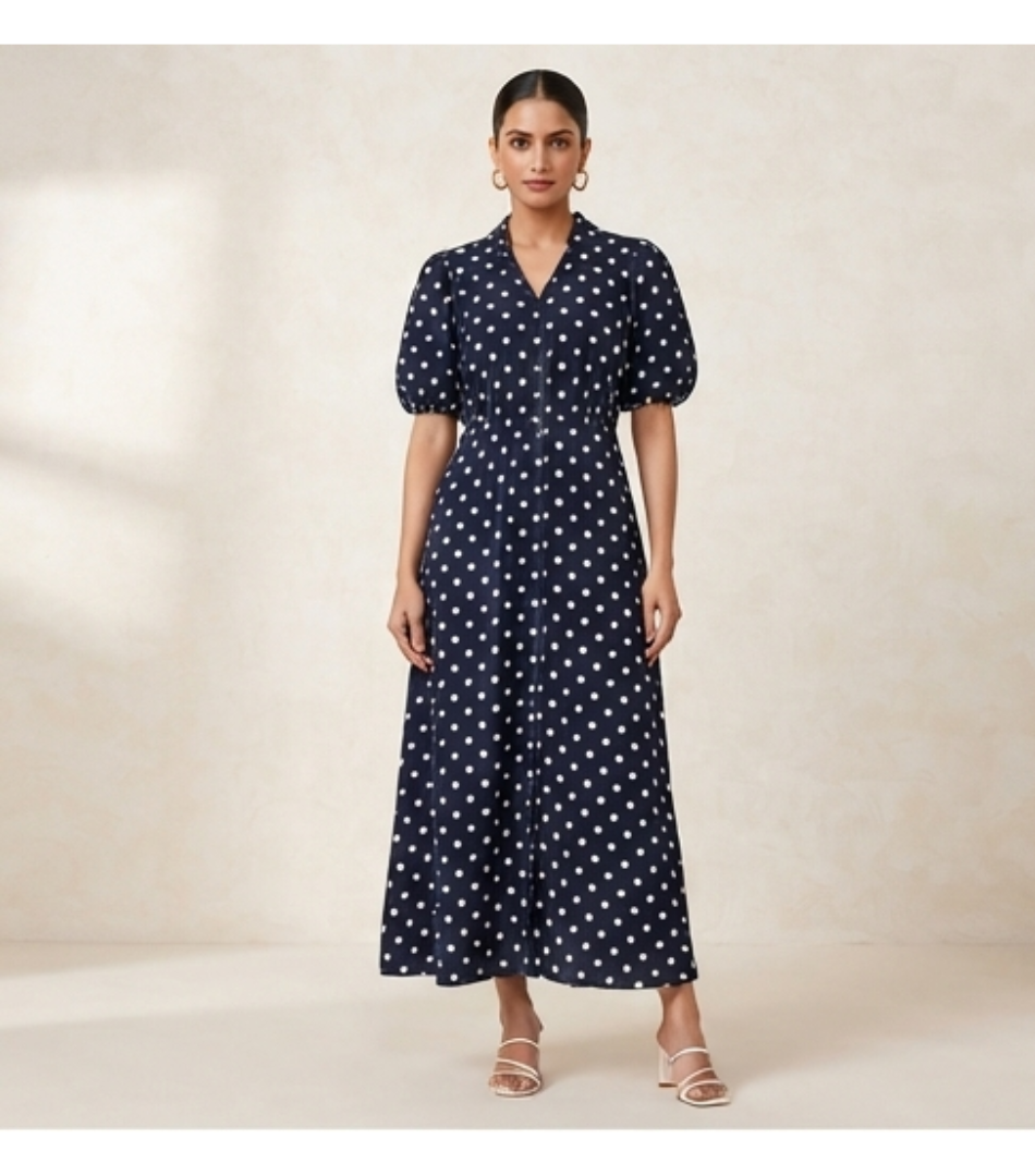 Black & White Polka Dot Puff-Sleeve Midi Dress