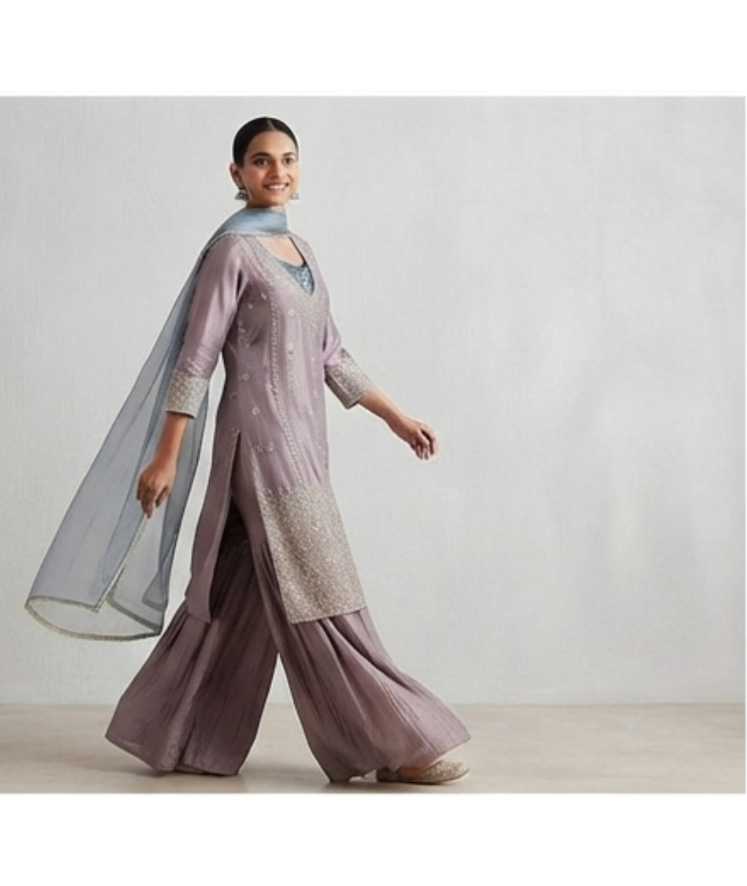 Elegant Dusty Mauve Silk Kurta with Sharara and Steel-Blue Dupatta
