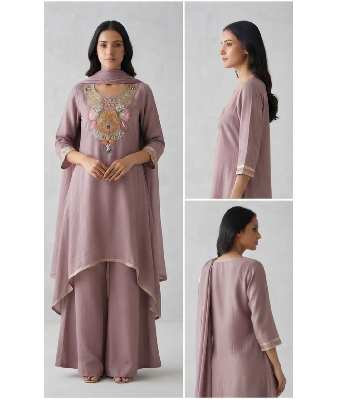 Elegant Mauve Embroidered High-Low Kurti with Palazzo and Dupatta Set