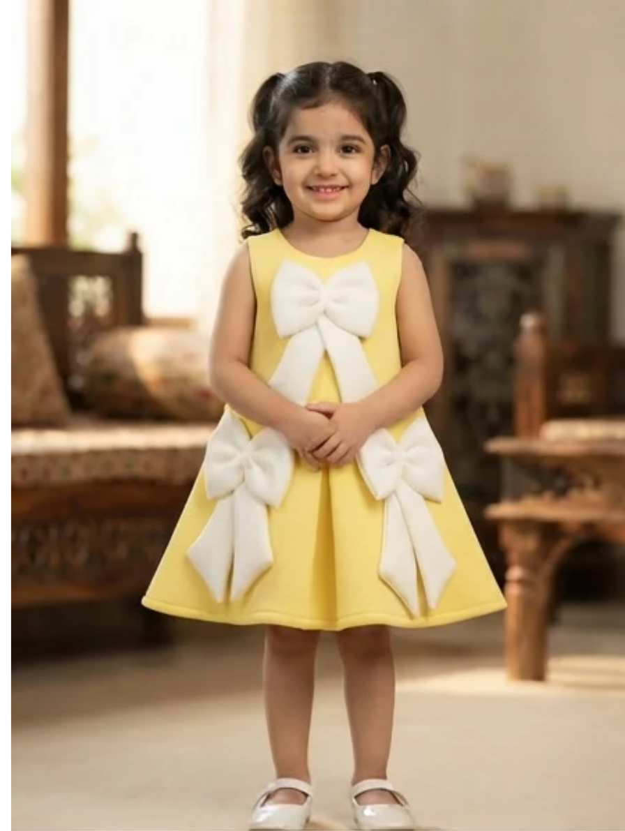 Sunny Yellow Sleeveless A-Line Dress with Oversized White Bow Details