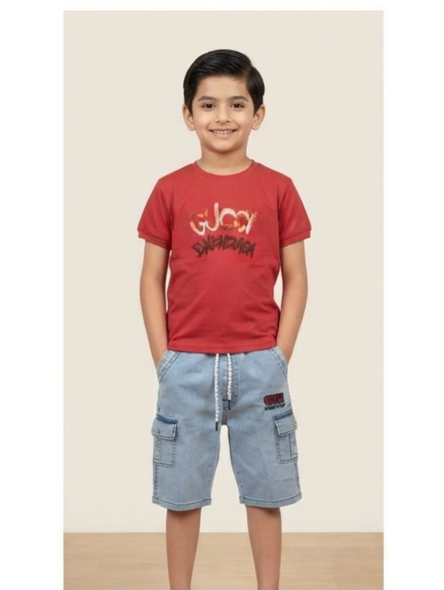 Red Graphic T-Shirt & Light Denim Cargo Shorts Set